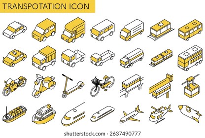 Vehicle icon set, set of simple and cute isometric line drawing icons of bicycles, motorcycles, cars, public transportation, etc, Vector Illustration