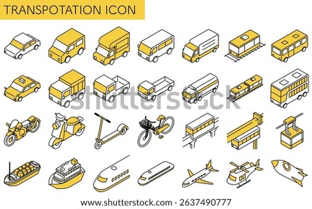 Vehicle icon set, set of simple and cute isometric line drawing icons of bicycles, motorcycles, cars, public transportation, etc, Vector Illustration