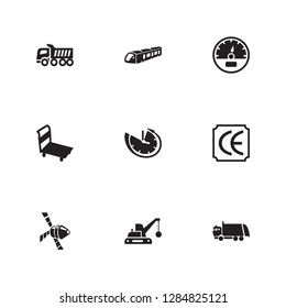 Vehicle icon set and space vehicle with speedometer, garbage truck and demolition truck. Pickup related vehicle icon vector for web UI logo design.