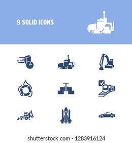 Vehicle icon set and sport car with lifebuoy, shuttle and ship by train. Bulldozer related vehicle icon vector for web UI logo design.