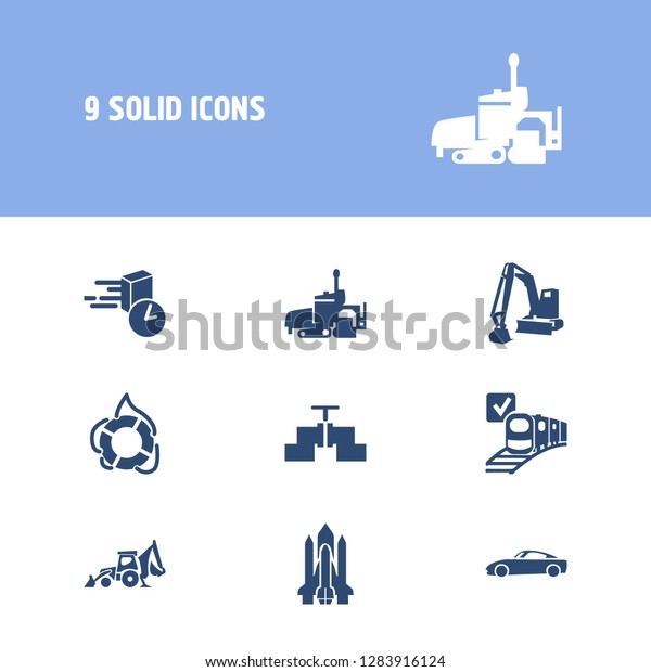 Vehicle icon set and sport car with lifebuoy,\
shuttle and ship by train. Bulldozer related vehicle icon vector\
for web UI logo\
design.