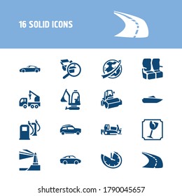 Vehicle icon set and suv with world shipping, passenger seats and inspection. Road roller related vehicle icon vector for web UI logo design.