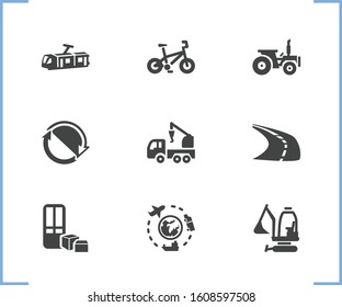 Vehicle icon set and tractor with road, global logistics service and bike. Recycle related vehicle icon vector for web UI logo design.
