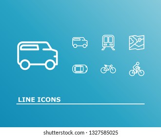 Vehicle icon set and train with car top view, bike cyclist and map. Tram related vehicle icon vector for web UI logo design.