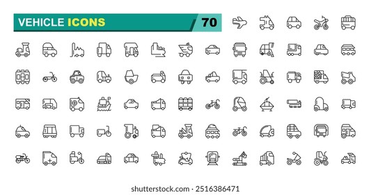 Conjunto de ícones do veículo. Ícones da linha de transporte. Transporte coleção de ícones de traçado no estilo de linha fina moderno.