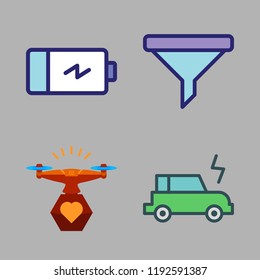 vehicle icon set. vector set about battery, drone, filter and electric car icons set.