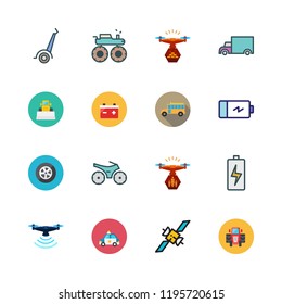 vehicle icon set. vector set about school bus, tire, battery and van icons set.