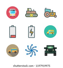 vehicle icon set. vector set about airscrew, school bus, battery and suv icons set.
