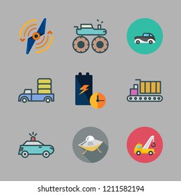 vehicle icon set. vector set about cargo truck, ufo, airscrew and crane icons set.