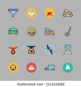 vehicle icon set. vector set about filter, police car, steering wheel and drone icons set.