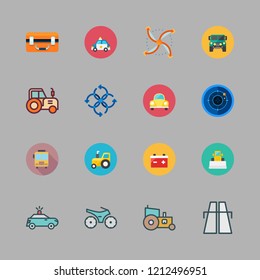 vehicle icon set. vector set about police car, motorcycle, radar and drone case icons set.