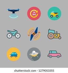 vehicle icon set. vector set about ufo, motorcycle, airscrew and car icons set.