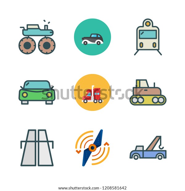 vehicle icon set. vector set about airscrew, train,
highway and crane icons
set.