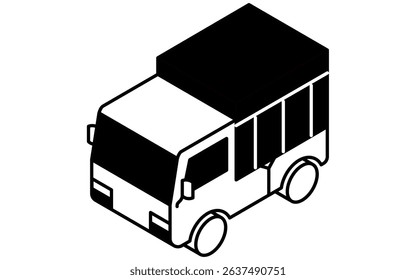 Vehicle icon, simple and cute isometric black and white line drawing icon of a light truck with hood, Vector Illustration