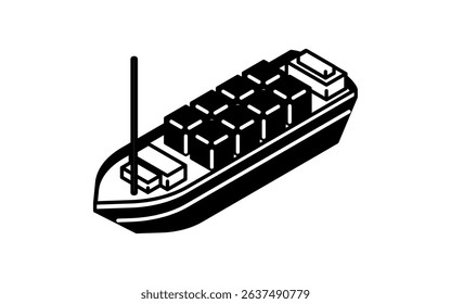 Vehicle icon, simple and cute isometric black and white line drawing icon of a cargo ship, Vector Illustration