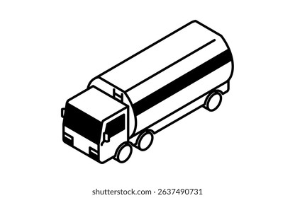 Vehicle icon, tanker truck simple and cute isometric black and white line drawing icon, Vector Illustration