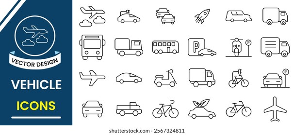 Vehicle icon, Travel icon, vector set. Transport, line icon, Travel line icon, vector set. Travel and tourism line icons, symbol collection. Vector illustration.