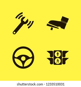 vehicle icon. vehicle vector icons set steering wheel, diagnostycs wrench, foot on the pedal and traffic signs