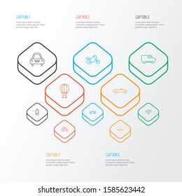 Vehicle icons line style set with tractor, taxi, cabriolet and other agriculture car elements. Isolated vector illustration vehicle icons.