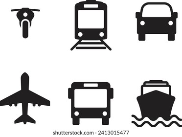 Vehicle icons. Motorcycle, train, car, airplane, bus, ship.