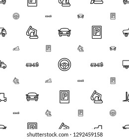 vehicle icons pattern seamless white background. Included editable outline car, steering wheel, tractor, excavator, truck with luggage icons. vehicle icons for web and mobile.