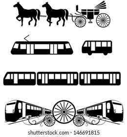 Vehicle icons: public transportation as tram, bus, train, metro, carriage or coach. May be used as emblem, icon and sign.