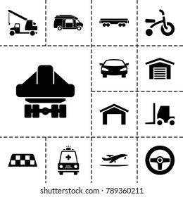 Vehicle icons. set of 13 editable filled vehicle icons such as garage, tractor, van, cargo wagon, cargo plane back view, ambulance, car, taxi, plane taking off, child bicycle