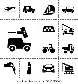 Vehicle icons. set of 13 editable filled vehicle icons such as taxi, tractor, sailboat, rocket, hand with key, plane taking off, airport bus, toy car, car wash, crane