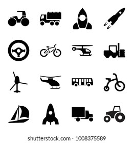 Vehicle icons. set of 16 editable filled vehicle icons such as airport bus, forklift, child bicycle, rocket, truck, sailboat, steering wheel, helicopter, tractor, bicycle