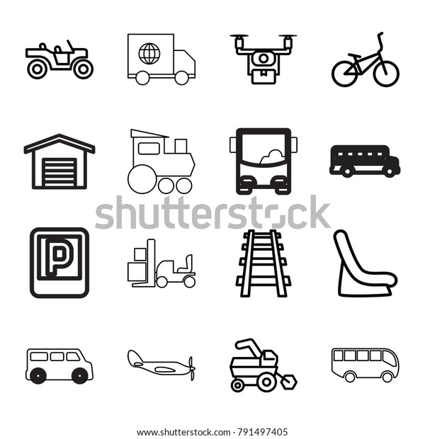 Vehicle icons. set of 16\
editable outline vehicle icons such as tractor, baby seat in car,\
medical drone, railway, bicycle, weapon truck, airport bus,\
parking, helicopter