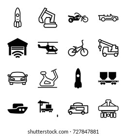 Vehicle icons set. set of 16 vehicle filled and outline icons such as boat, cargo wagon, cargo truck, garage, motorcycle, helicopter, rocket, exercise bike, excavator