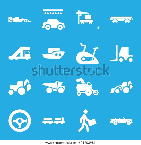 Vehicle icons set. set of 16\
vehicle filled icons such as tractor, truck with luggage, truck\
crane, boat, car wash, excavator, cargo wagon, courier, steering\
wheel