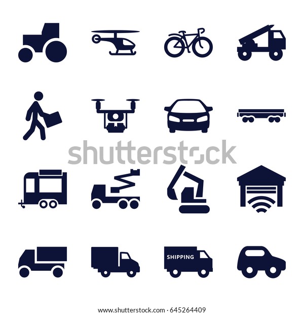 Vehicle icons set. set of\
16 vehicle filled icons such as toy car, car, truck, excavator,\
tractor, crane, trailer, bicycle, cargo wagon, courier, delivery\
car, garage