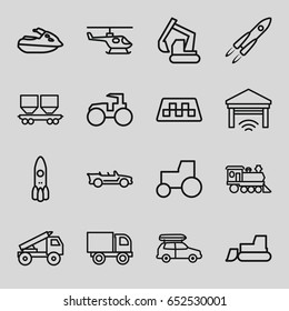 Vehicle icons set. set of 16 vehicle outline icons such as taxi, excavator, tractor, cargo wagon, locomotive, cabriolet, garage, car, truck rocket, jet ski, truck, rocket