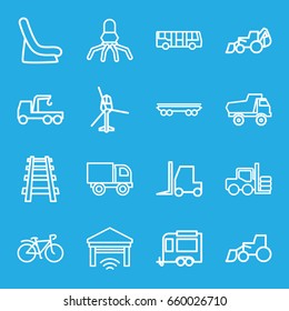 Vehicle icons set. set of 16 vehicle outline icons such as airport bus, forklift, toy car, baby seat in car, excavator, truck with hook, tractor, trailer, bicycle, cargo wagon
