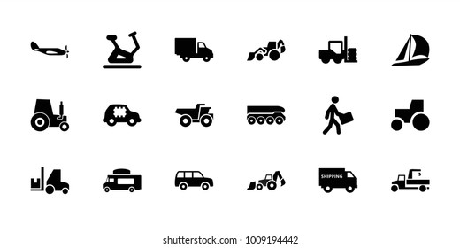 Vehicle icons. set of 18 editable filled vehicle icons: forklift, exercise bike, tractor, excavator, sailboat, van, cpu in car, courier, delivery car, shipping truck