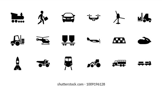 Vehicle icons. set of 18 editable filled vehicle icons: train, truck with luggage, helicopter, car, excavator, truck, jet ski, taxi, forklift, rocket, medical drone