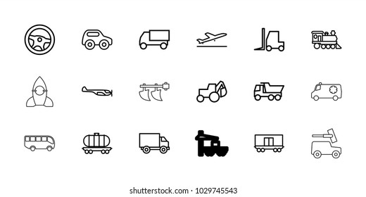 Vehicle icons. set of 18 editable outline vehicle icons: plane taking off, helicopter, toy car, truck, excavator, tractor, wheel, cargo wagon, locomotive, airport bus, rocket