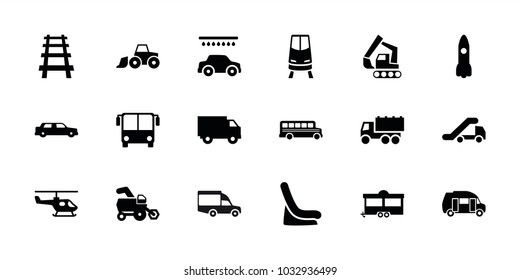Vehicle icons. set of 18 editable filled vehicle icons: tractor, airport bus, baby seat in car, car wash, truck, trailer, rocket, railway, helicopter, car, train, truck crane