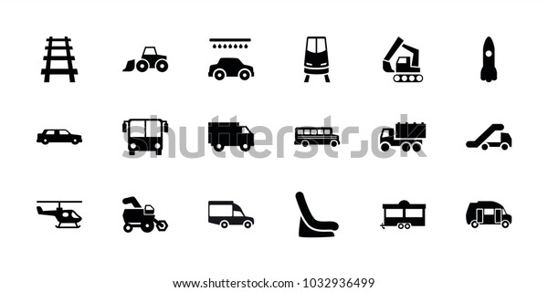 Vehicle icons. set of\
18 editable filled vehicle icons: tractor, airport bus, baby seat\
in car, car wash, truck, trailer, rocket, railway, helicopter, car,\
train, truck crane