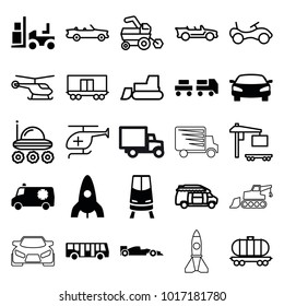 Vehicle icons. set of 25 editable filled and outline vehicle icons such as airport bus, rocket, forklift, car, sport car, tractor, helicopter, bike, van, cargo wagon