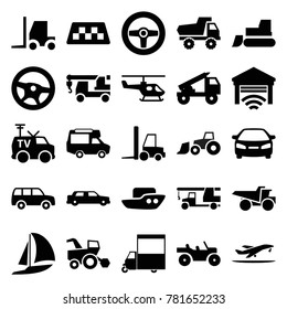 Vehicle icons. set of 25 editable filled vehicle icons such as taxi, toy car, boat, car, tractor, truck with hook, truck, wheel, van, tv van, garage, helicopter