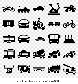 Vehicle icons set. set of 25 vehicle filled icons such as airport bus, truck with luggage, child bicycle, exercise bike, car, concrete mixer, truck, excavator, truck with hook