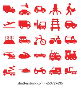 Vehicle icons set. set of 25 vehicle filled icons such as plane taking off, helicopter, child bicycle, bike, toy car, train toy, car wash, tractor, truck with hook, crane, van