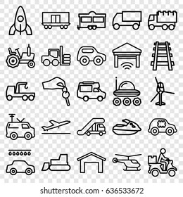 Vehicle icons set. set of 25 vehicle outline icons such as plane taking off, forklift, truck crane, helicopter, tractor, garage, toy car, rocket, car wash, truck