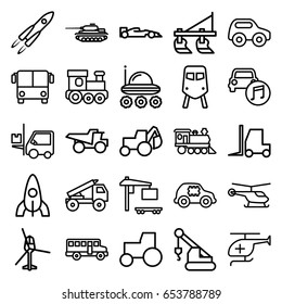 Vehicle icons set. set of 25 vehicle outline icons such as airport bus, train, helicopter, tractor, toy car, train toy, rocket, excavator, crane, truck, forklift, locomotive