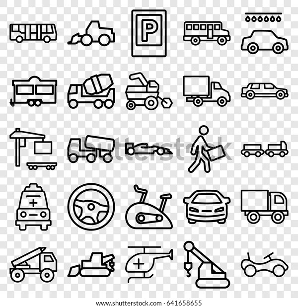 Vehicle icons set. set\
of 25 vehicle outline icons such as airport bus, parking, truck\
with luggage, tractor, bike, car wash, car, concrete mixer,\
excavator, crane,\
trailer