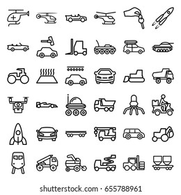 Vehicle icons set. set of 36 vehicle outline icons such as train, forklift, helicopter, tractor, toy car, rocket, car wash, car, truck, excavator, truck with hook, crane