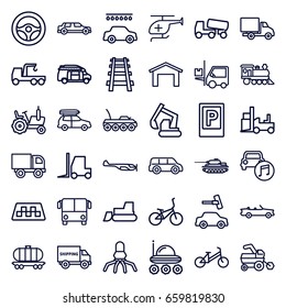 Vehicle icons set. set of 36 vehicle outline icons such as taxi, airport bus, parking, helicopter, tractor, garage, child bicycle, car wash, excavator, truck with hook