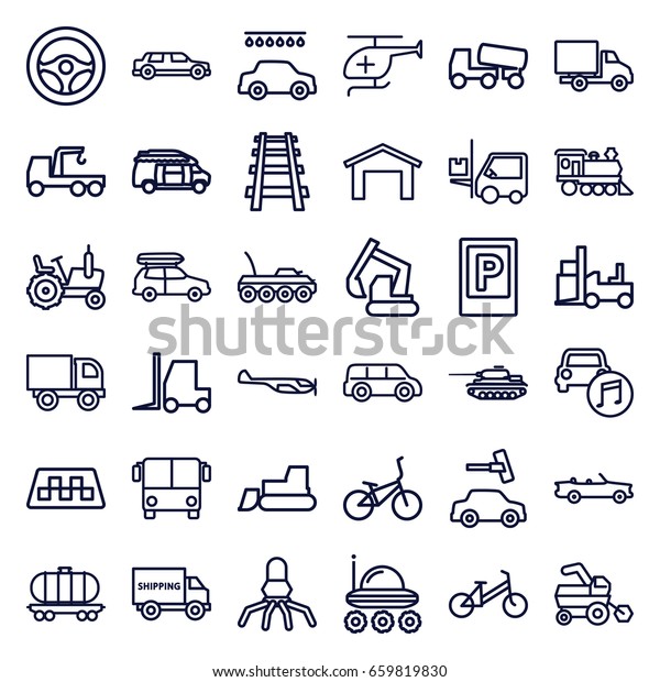 Vehicle icons set. set of 36\
vehicle outline icons such as taxi, airport bus, parking,\
helicopter, tractor, garage, child bicycle, car wash, excavator,\
truck with hook